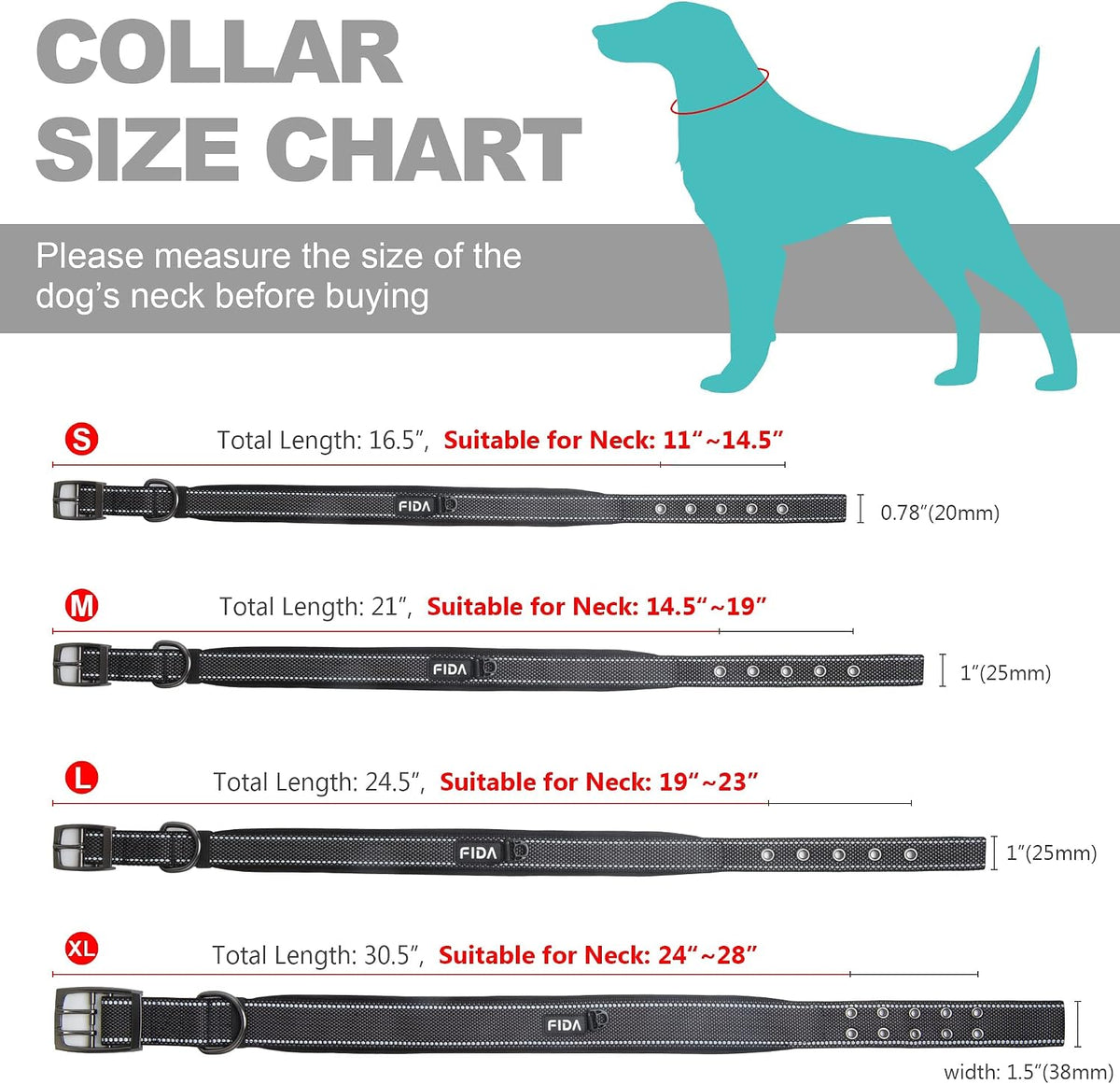 Fida Padded Dog Collar Size Guide