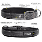 FIDA padded dog collar features: solid metal buckle, D-ring, reflective stitching and tough nylon