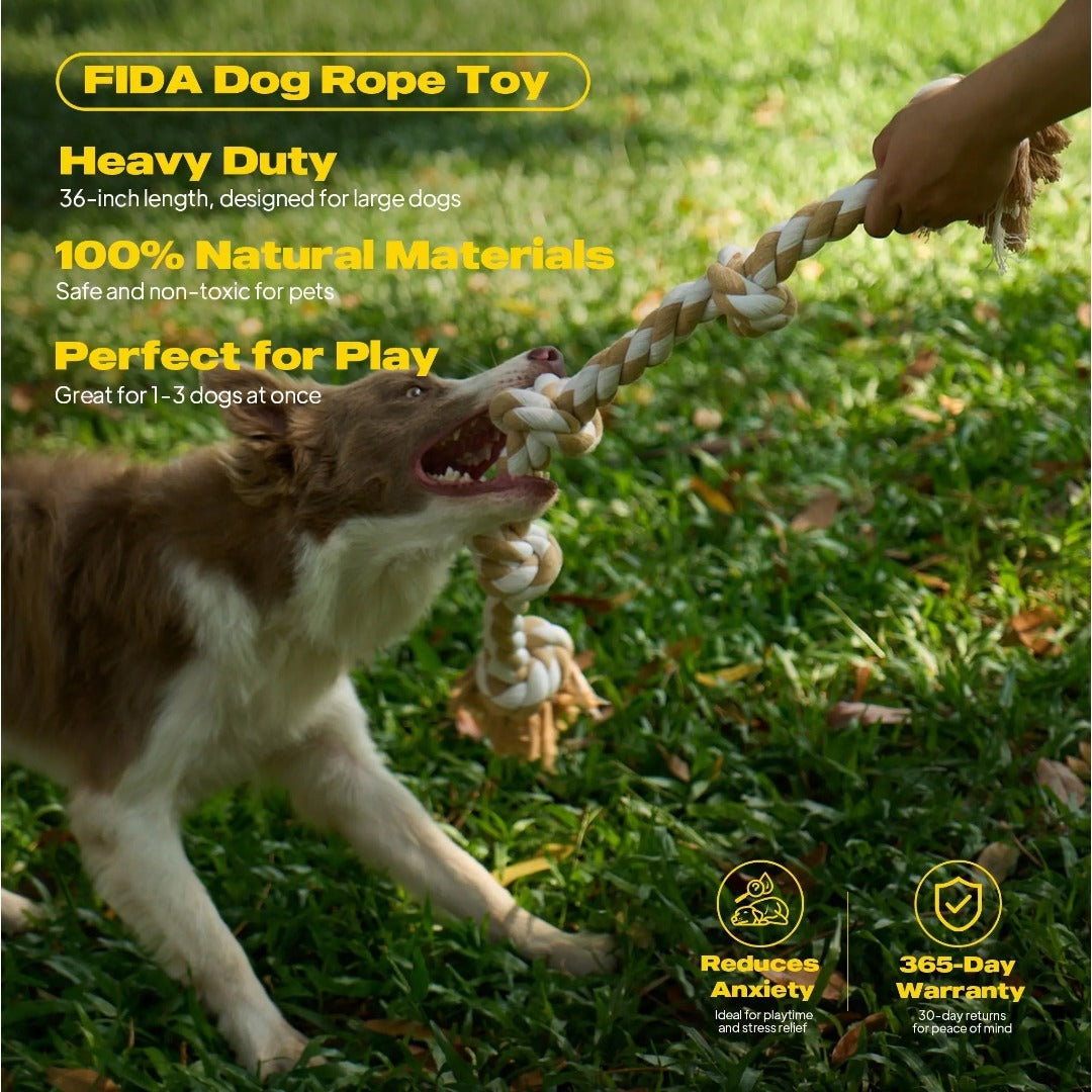 Dog playing tug of war with the FIDA dog rope tug toy outdoors