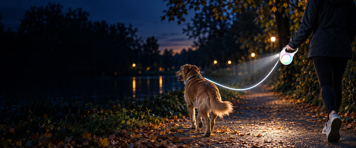 Golden retriever on an evening walk with the FIDA LED lighted retractable leash
